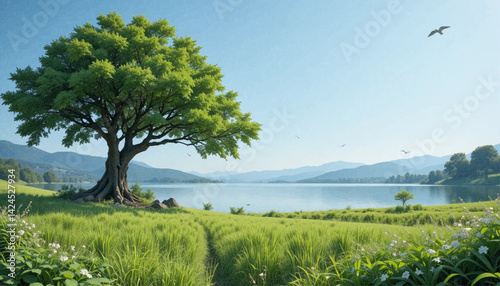 A large green tree stands on a grassy hill by a lake, with mountains in the distance and a bird flying in a clear blue sky.

A large green tree stands on a grassy hill by a lake, with mountains in th

