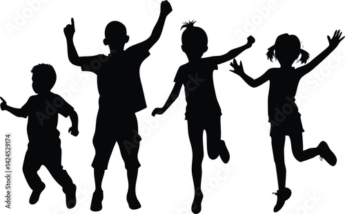 Silhouette of Joyful Children Jumping, Dancing on White Background, Raising Hands