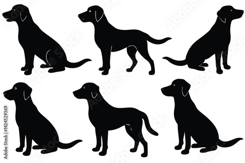 Silhouette of six dogs in different poses on transparent background