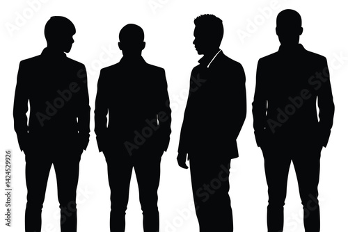 Silhouetted Businessmen Standing Together on White Backdrop, Facing Various Directions