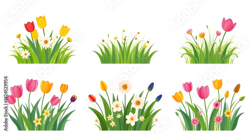spring flowers and grass set
