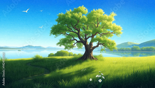 The image depicts a serene and picturesque landscape featuring a large, lush tree on a grassy hill. In the background, there is a calm body of water, and distant mountains are visible under a clear bl