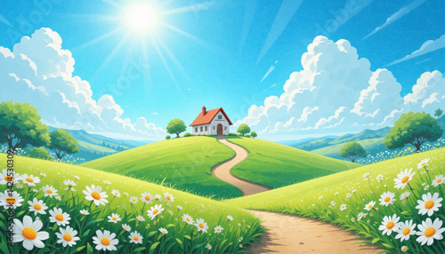A charming animated scene with a winding path leading to a small house on a green hill, surrounded by white daisies, trees, and a bright sun in a partly cloudy sky.