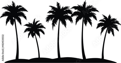 Six Palms Tree Silhouette, Tall Trunk, Leafy Fronds, Tropical Island with White Backdrop