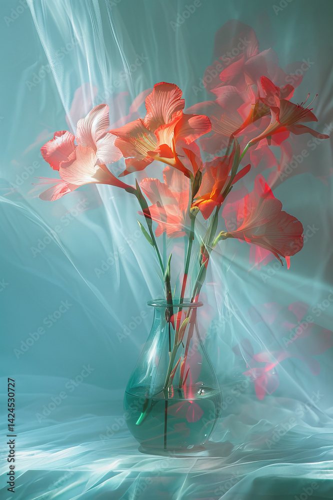 Elegant and beautiful coral flower arrangement on a blue background