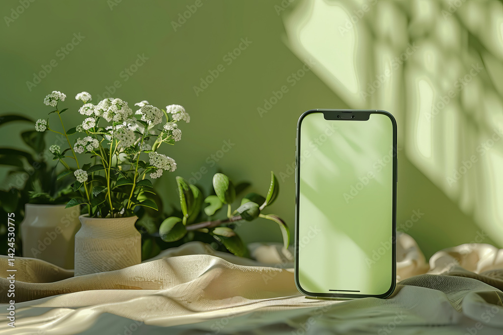 This is a stylish and minimalistic phone display on a green background with beautiful floral accents.
