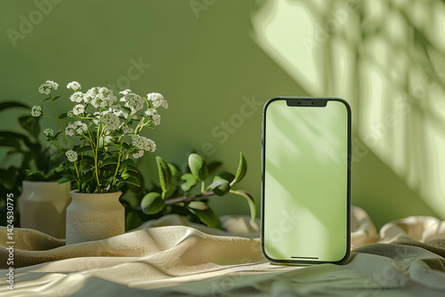 Obraz na płótnie This is a stylish and minimalistic phone display on a green background with beautiful floral accents. w salonie