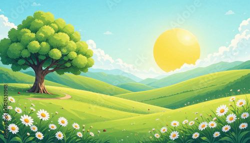 A sunny animated scene with rolling green hills, white daisies, a large tree, and a bright sun setting behind distant mountains under a partly cloudy sky.