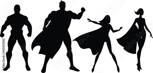 Superhero Silhouette Group Diverse Men, Women, Capes, Poses on White Background
