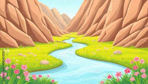 A scenic animated view of a winding river flowing through a green valley with pink flowers, surrounded by rocky mountains under a clear blue sky with fluffy clouds.