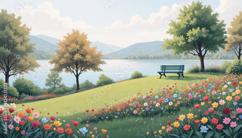A vibrant animated park scene with a grassy hill, colorful wildflowers, a bench, trees, a calm lake, and distant mountains under a partly cloudy sky.
