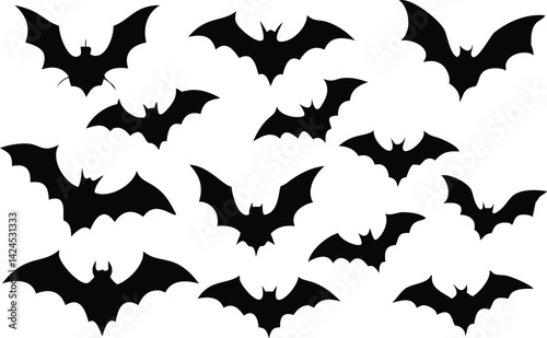 Swarm of Black Bats Silhouettes Flying on Transparent Background, Halloween Concept