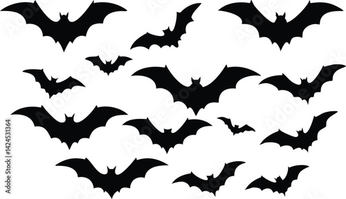 Swarm of Silhouette Bats Flying with Spread Wings on Transparent Background