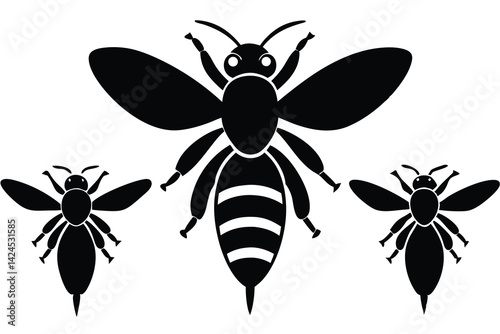 Three Bees Black Silhouette on White Background Design Element