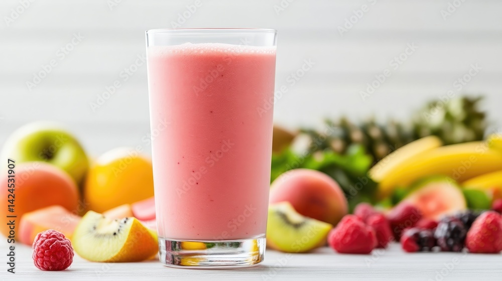 Pink smoothie, surrounded by fresh fruit Pink smoothie, surrounded by fresh fruit