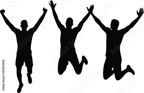 Three Silhouetted Men Jumping With Arms Raised in Celebration on White Background