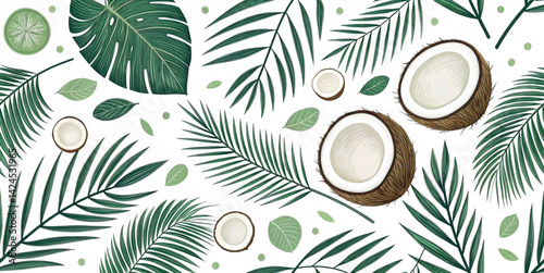 Tropical pattern design with half coconuts, green palm leaves and green lime on white background for wallpaper, textile, fashion or decorative paper with a fun, summer vibe.