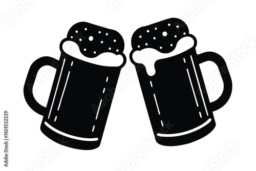 Two Beer Mugs Clinking with Foam Black Silhouette on Transparent Background