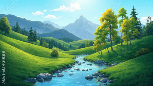 A serene cartoon landscape features a clear, rocky river flowing through lush green hills dotted with various trees, with majestic snow-capped mountains visible in the hazy distance under a bright, pa