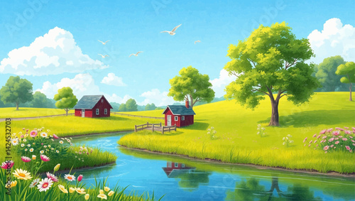 A cheerful cartoon landscape depicts a winding blue river flowing through bright green fields dotted with colorful flowers and scattered trees. Two small red-roofed houses are visible in the distance 