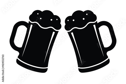 Two Foaming Beer Mugs Clinking Toasting Cheers Black Silhouette on White