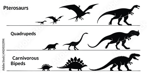 Prehistoric Dinosaurs Vector Set with Pterosaurs, Quadrupeds, and Carnivorous Bipeds Silhouettes