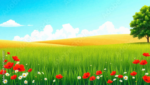 A bright cartoon landscape features a field of green grass with scattered red poppies and white daisy-like flowers in the foreground, a golden rolling hill in the midground, and a single green tree on