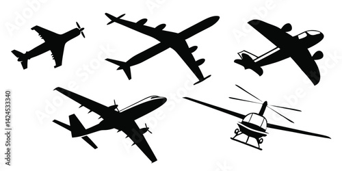 Airplane and Helicopter Silhouettes Vector - Aircraft, Aviation Icons, Flying Transport Clipart