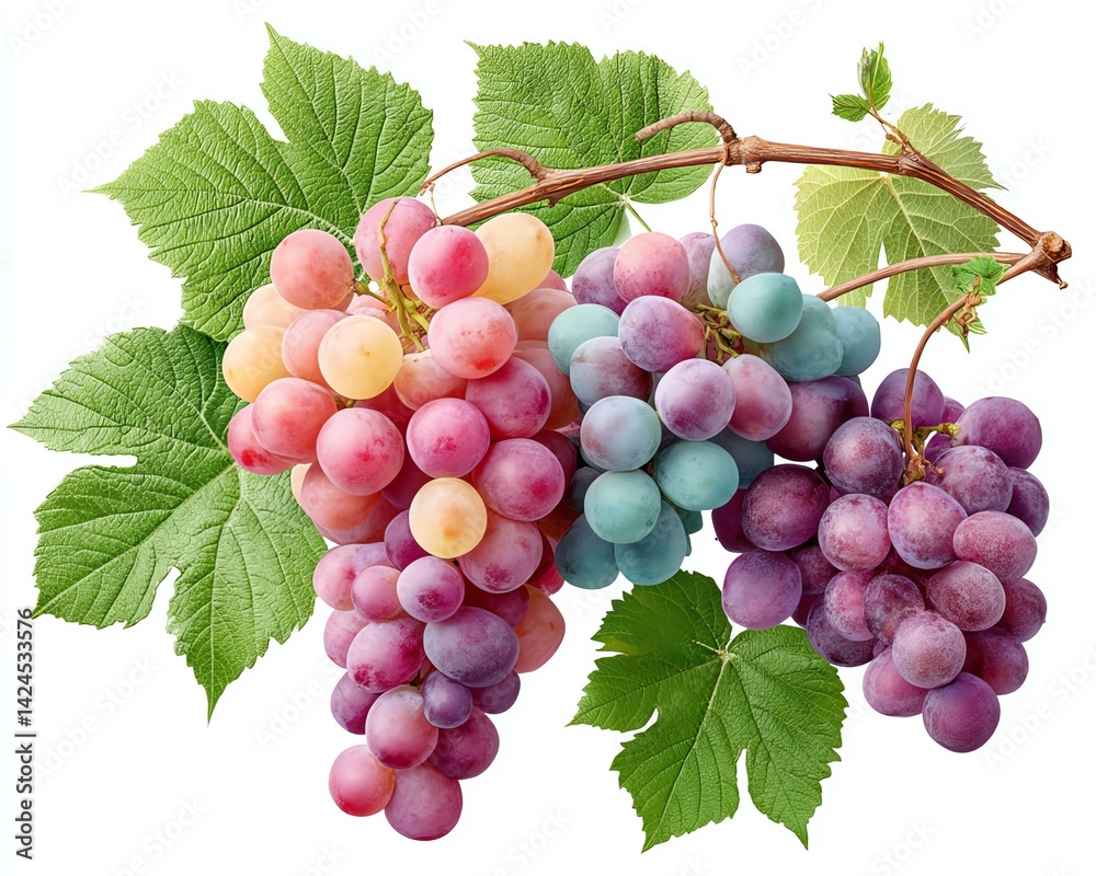 Fototapeta premium Colorful Bunches of Grapes on Vine with Green Leaves