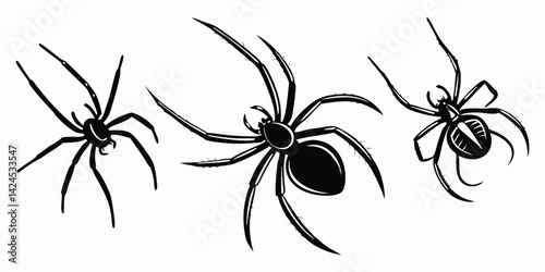 Three different black spiders isolated vector silhouette on white background