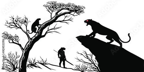 Black Panther and Monkey Silhouettes in Wild Nature Vector