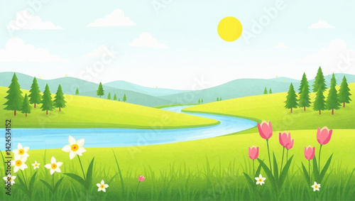 A bright cartoon landscape of a winding blue river flowing through green fields with scattered pine trees and blooming pink tulips and white daffodils under a sunny sky with a few clouds.