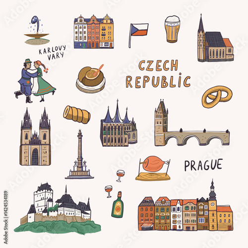 Vector set of famous european landmarks Czech Republic Prague. Hand drawn illustration.