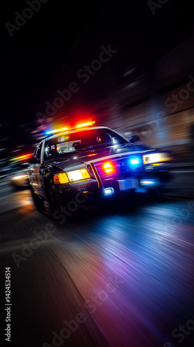 Speeding police car at night with flashing red and blue lights, blurred motion for dramatic effect.