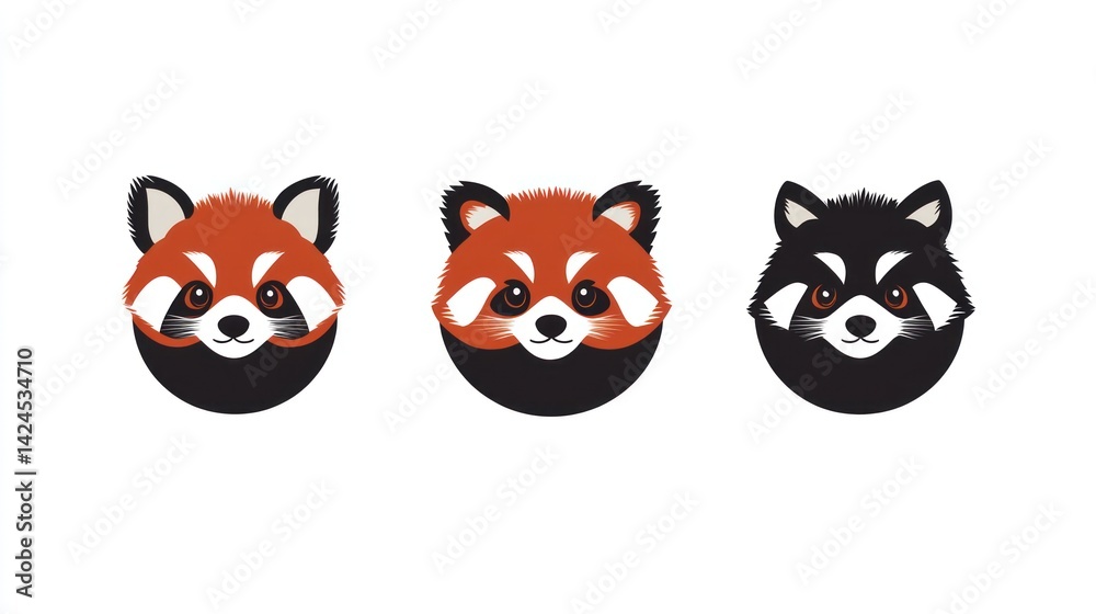 Three red panda faces, illustration, white background, children's book Three red panda faces, illustration, white background, children's book