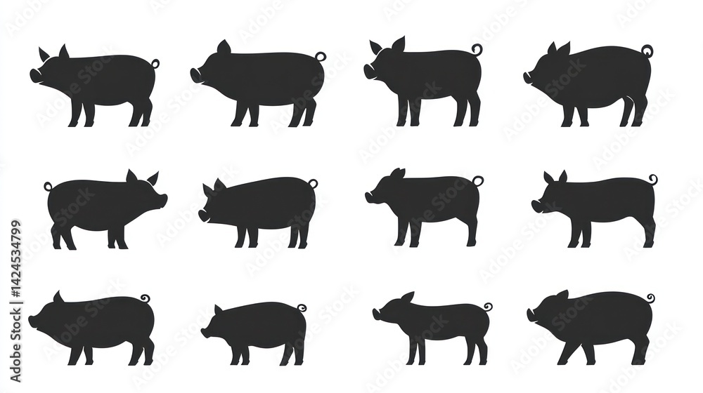 Fototapeta premium Pig silhouettes, various poses, white background, farm animal icons, website graphics