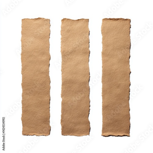 Three torn kraft paper strips isolated on white background