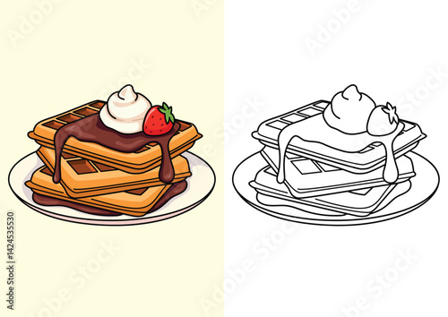 Colorful and black and white waffle with chocolate, ice cream, strawberry, coloring page. Worksheet for children and adults.