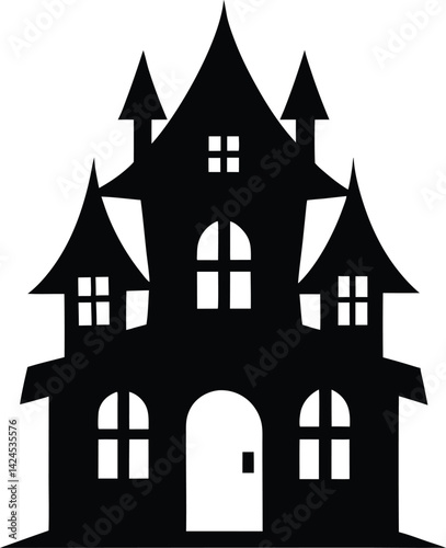 Haunted house vector illustration with crooked windows and spooky details, isolated on white background, perfect for Halloween designs, eerie themes, and haunted visuals