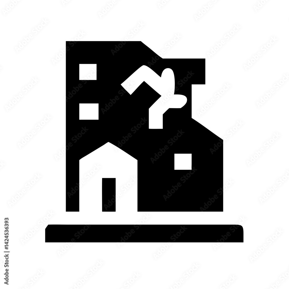 Icon of a damaged building to signify destruction or disrepair Icon of a damaged building to signify destruction or disrepair