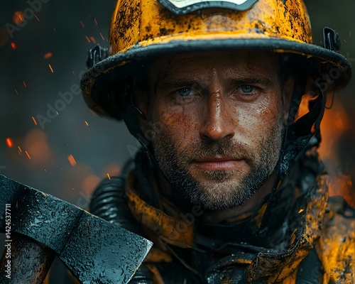 A determined firefighter stands resolute amidst the chaos