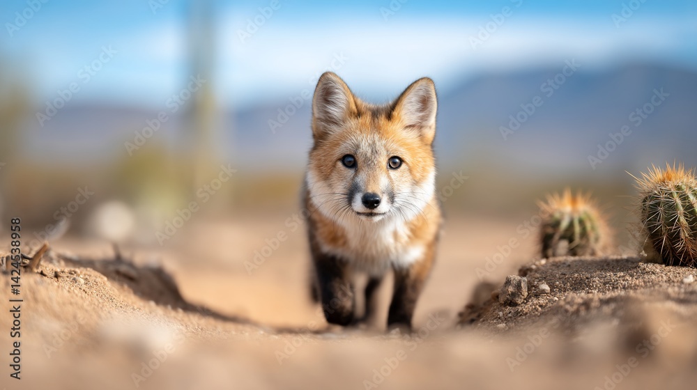Fototapeta premium A curious fox walks towards the camera, desert backdrop, cacti visible, blue sky