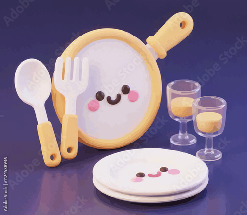 illustration icon cute cutlery plate glass fork spoon
