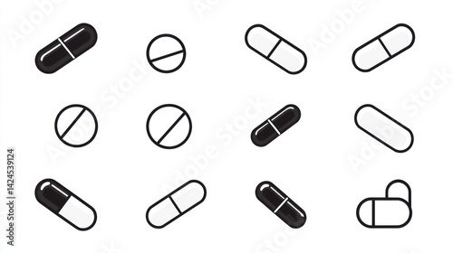 Medicine pills and capsules, healthcare, white background, various angles, medical illustration