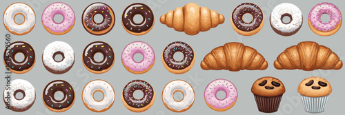 Vector sheet with donuts and pastries like croissants, Danish, and muffins – Ideal for bakery, dessert shop branding, or breakfast menus.