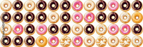 Vector sheet of classic and filled donuts with colorful sugar sprinkles – Perfect for sweet treat promotions, dessert-themed content, or bakery ads.