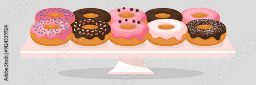 Vector illustration of a donut sheet with sprinkles, chocolate chips, and powdered sugar – Suitable for snack advertisements, food branding, or dessert promotions.