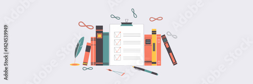 Vector icon illustration of books, pen, quill and more