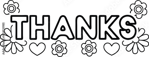 Thanks Outline Lettering with Heart and Floral Accents on White Background