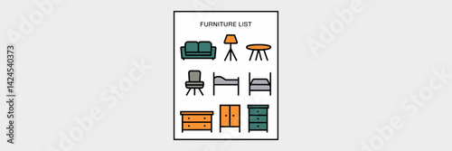 Vector illustration of a sheet of paper with a furniture list – Ideal for interior design catalogs, furniture store marketing, or home decor planning.